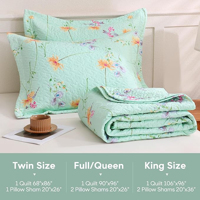 JSD Green Floral Quilt Set King Size, 3 Piece Printed Bedspreads Coverlet with Pillow Sham, Soft Microfiber Quilted Blanket