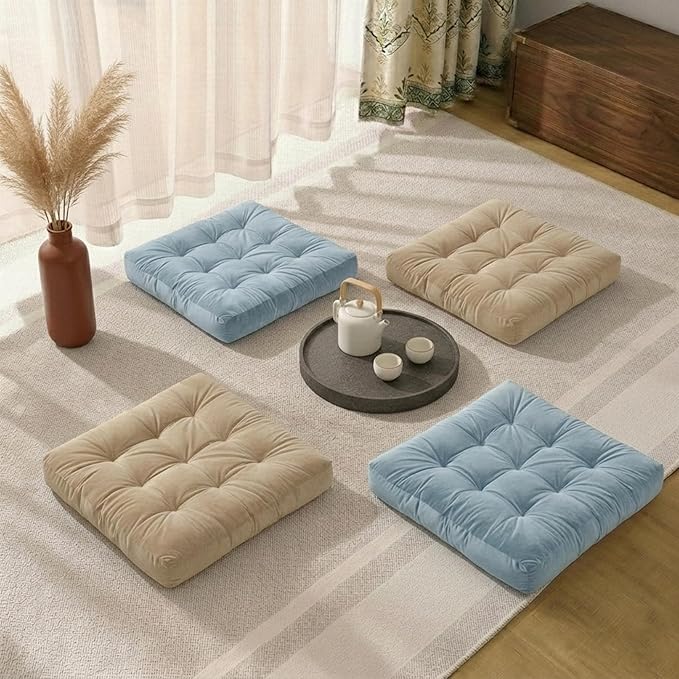 Meditation Floor Pillow Set of 2, Large Velvet Floor Pillows for Sitting, Tufted Floor Seating Cushions for Adults, Big Pillows for Yoga & Living Room, 22x22 Inch, Blue