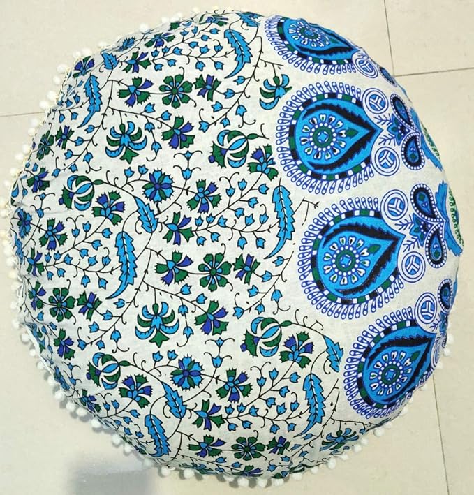 CRAFT KALA Mandala Floor Pillow Cushion Cover Seating Throw Cover Hippie Decorative Bohemian Ottoman Poufs Pom Pom Pillow Cases Indian Cotton Living Room Home Décor 24" Round Set Of 2, Sky Blue Mirchi