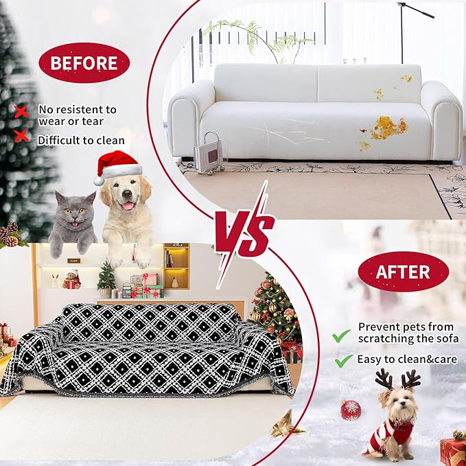 Reversible Couch Cover Blanket, Christmas Couch Cover, Chenille Sofa Cover Blanket, Christmas Sofa Covers Washable, 71"×118" Couchs Covers for Recliner & Chair (1PC, Black, 2-3 Seater Sofas)