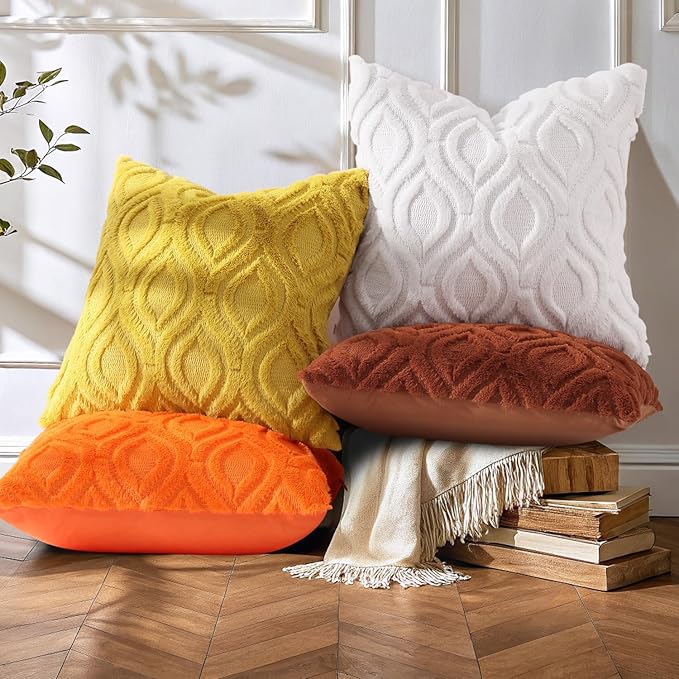 decorUhome Cozy Textured Euro Sham Throw Pillow Covers 22x22 Inch Set of 2, Soft Plush Faux Wool Mustard Yellow Accent Couch Pillow Covers for Modern Farmhouse Sofa Bed Living Room