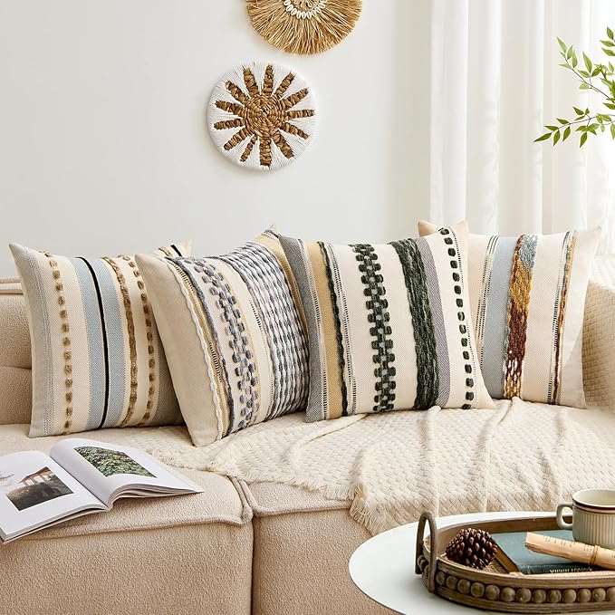 ANRODUO Pack of 1 Boho Decorative Throw Pillow Covers 18x18 Farmhouse Cushion Case Striped Chenille Pillow Cases Square Pillow Covers Accent Neutral Pillowcase for Sofa Couch Bed, Gray Blue Stripe