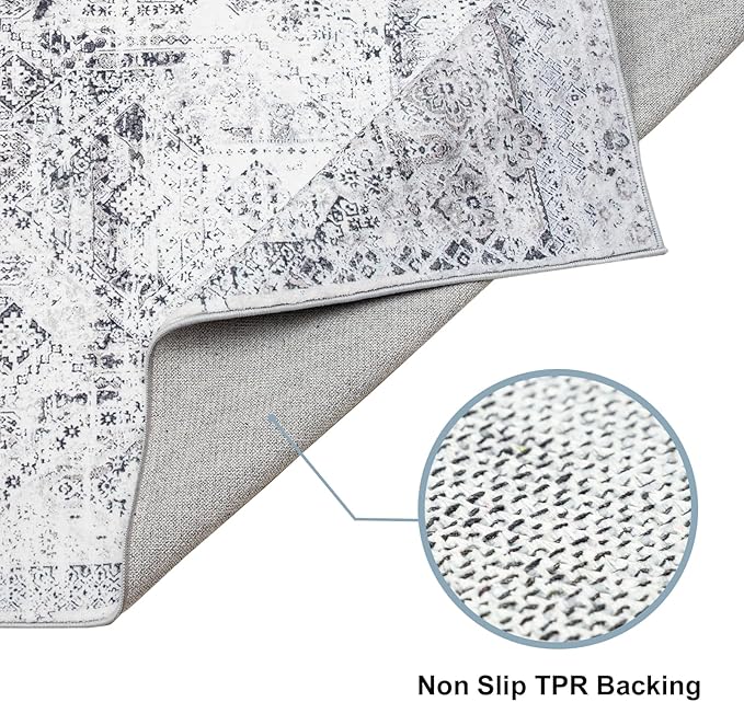 Area Rug 4×6, Vintage Boho Rug,Ultra-Soft Low Pile, Washable, Non Slip,Stain Resistant Printed Carpet for Living Room Bedrooms Playroom Office Kitchen, Classic-Grey