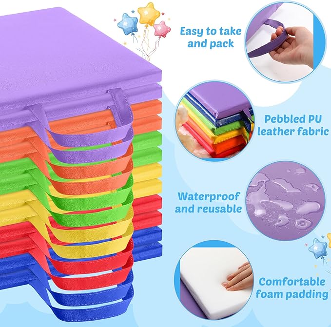 Suzile 12 Pcs 12'' Square Floor Cushions for Kids Classroom Flexible Floor Seating Elementary with Handles Classroom Carpet Cushions for Adults Toddlers Daycare Preschool School(Bright Color)