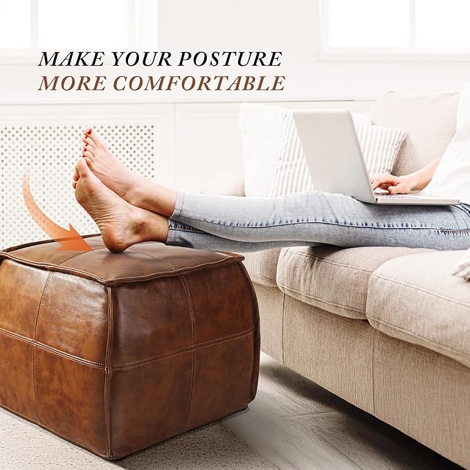 Leather Ottoman,Handmade Stuffed Square Ottoman,Genuine Leather Pouf, Foot Rest Pouf,Comfortable Soft Seating for Living Room & Bedroom (Brown, Square)