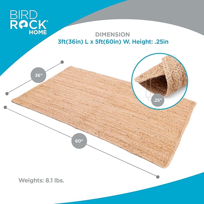 BIRDROCK HOME 3x5 Jute Rug – All-Natural, Soft & Durable – Perfect for Entryways, Kitchens, or Layering – Classic Neutral Tones, Handcrafted & Braided
