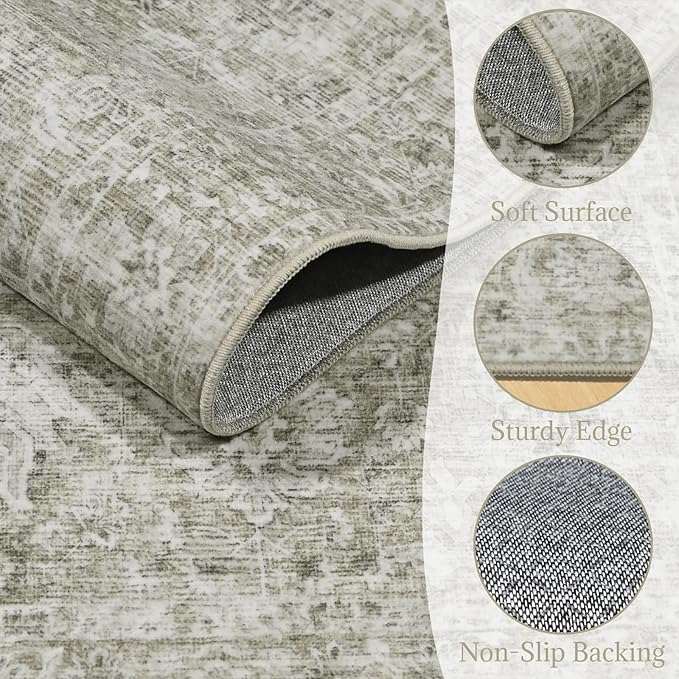 Washable Area Rugs 5'x7' Non-Slip Vintage Boho Distressed Fade Resistant Low Pile Carpet for High-Traffic Living Room, Bedroom & Dining Room