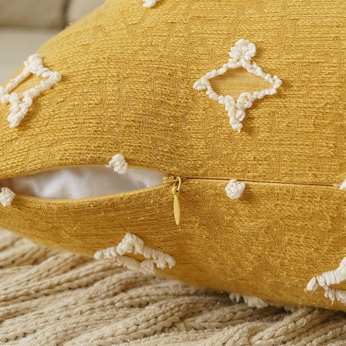 ANRODUO Pack of 2 Yellow Floral Boho Decorative Throw Pillow Covers with Tufted Rhombic Jacquard for Fall Room Decor Boho Pillow Covers Decorations 18x18 Soft Pillowcase for Couch Sofa Living Room