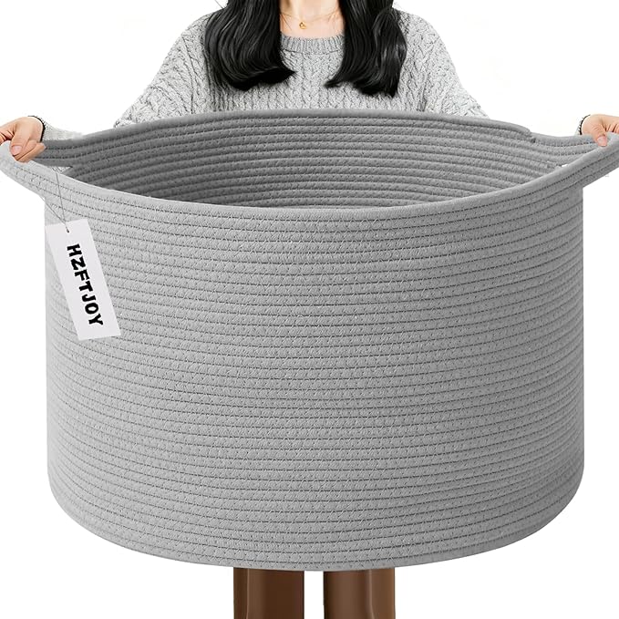 65L Large Blanket Basket,19.7" L x 19.7" W x 13" H Rope Woven Baskets with Handles, Toys Storage Bins,Laundry Basket Perfect for Living Room, Nursery,Bedroom,Home Organization,Light Gry