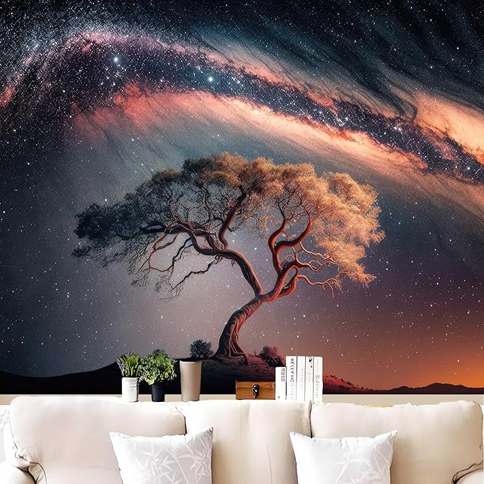 Space Galaxy Tree of Life Tapestry for Bedroom Aesthetics, Black Starry Sky Night Star Posters Tapestries, Nature Landscape Blackdrop Wall Hanging for Men Dorm Living Room Decor 51 X 60 Inches