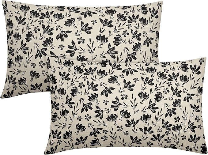 Black Floral Pillow Covers 12x20 Set of 2 Vintage Rustic Old Style Cute Small FlowerBlack Cream Print Decorative Outdoor Pillowcases Farmhouse Throw Cushion Case Decor for Couch Sofa Bed