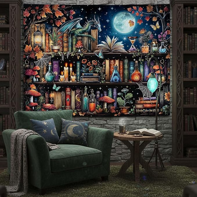 Accnicc Dragon Bookshelf Tapestry Witchy Mushroom Bookshelf Tapestries Wall Hanging Gothic Medieval Fantasy Moon Dark Academia Book Large Tapestry for Bedroom Living Room Dorm 80 x 60 inch