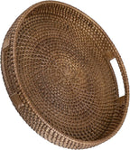 Hipiwe Round Rattan Serving Tray Handwoven Decorative Wicker Basket Trays with Handles Coffee Table Centerpiece Tray Fruit Organizer Basket for Breakfast Drinks Snack, 12 inch