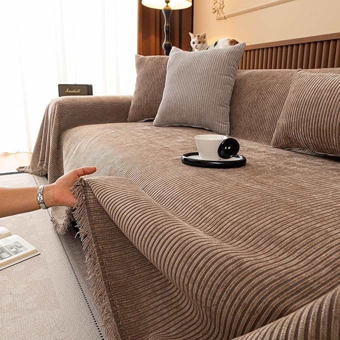 ROOMLIFE Sofa Cover, Boho Couch Cover for 3 Cushion Sofa, Non Slip Chenille Sofa Slipcovers for Dog, Washable Furniture Sofa Protector Cover with Tassel for Living Room, 71''X150”
