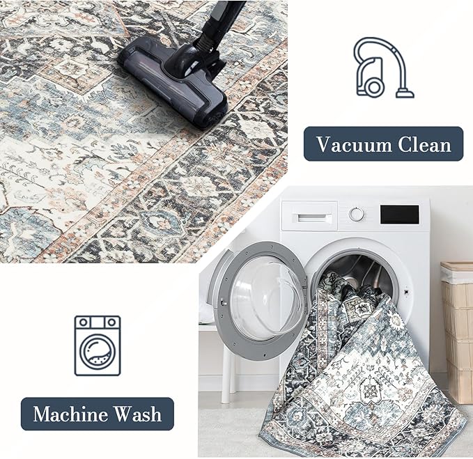 Area Rug 5×7, Vintage Boho Rug,Ultra-Soft Low Pile, Washable, Non Slip,Stain Resistant Printed Carpet for Living Room Bedrooms Playroom Office Kitchen, Blue/Navy