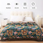 Queen Boho Throw Blanket for Bed, 100% Cotton Muslin Soft Throw-Floral Farmhouse Rustic Decor Blanket for Couch Sofa Quilt and Gift, 80" x 90"-BeigeWhite