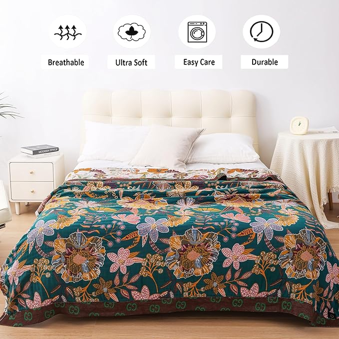Queen Boho Throw Blanket for Bed, 100% Cotton Muslin Soft Throw-Floral Farmhouse Rustic Decor Blanket for Couch Sofa Quilt and Gift, 80" x 90"-BeigeWhite
