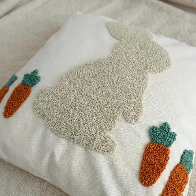Fluffy Tufted Easter Pillow Cover with Soft Embroidered Bunny, Textured Boho Cotton Canvas Throw Pillow Case for Spring Farmhouse Sofa Couch Decoration, 18x18 inches, 1PCS (Cover Only)