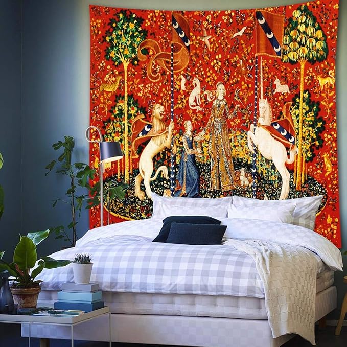 FEASRT Medieval Art Tapestry Maiden and Unicorn Tapestrys European Royal Tapestry, 60x60 Inches Soft Flannelette, for Bedroom Living Room Dorm