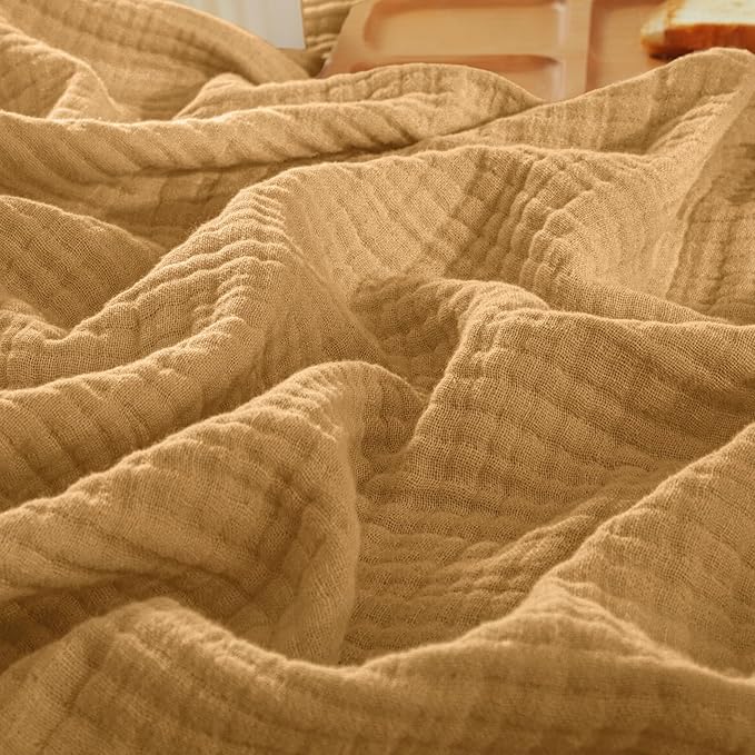 PHF 100% Cotton Muslin Throw XL Blanket Large 50" x 70", 4-Layer Lightweight Gauze Throw, Breathable Cloud-Soft Minimalist Blanket for Bed, Couch, Camping & Baby, Amber, Ideal Gift