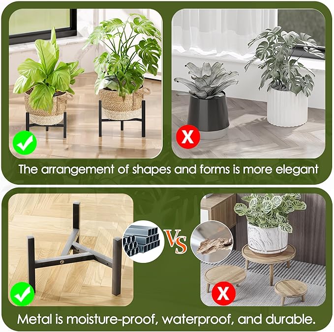 Set of 4 Wicker Rattan Plant Basket Display Stand Indoor Outdoor, Boho Tall Flower Woven Planter Pot Holders with Adjustable Metal Shelf (Brown & White)