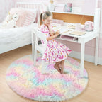 Amdrebio Rainbow Fluffy Round Rug 5Ft Kids Rugs for Girls Bedroom, Unicorn Room Decor, Colorful Pastel Shag Carpet for Playroom Baby Nursery, Cute Furry Kawaii Circle Area Rug for Toddler Princess