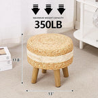 Cpintltr Round Ottoman Natural Seagrass Footstool Hand Weave Water Hyacinth Poufs Eco Friendly Sofa Foot Stool Soft Step Stool Padded Foot Rest with Pine Legs for Living Room (White)