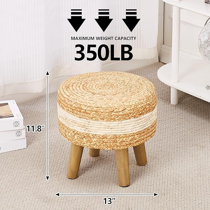 Cpintltr Round Ottoman Natural Seagrass Footstool Hand Weave Water Hyacinth Poufs Eco Friendly Sofa Foot Stool Soft Step Stool Padded Foot Rest with Pine Legs for Living Room (White)