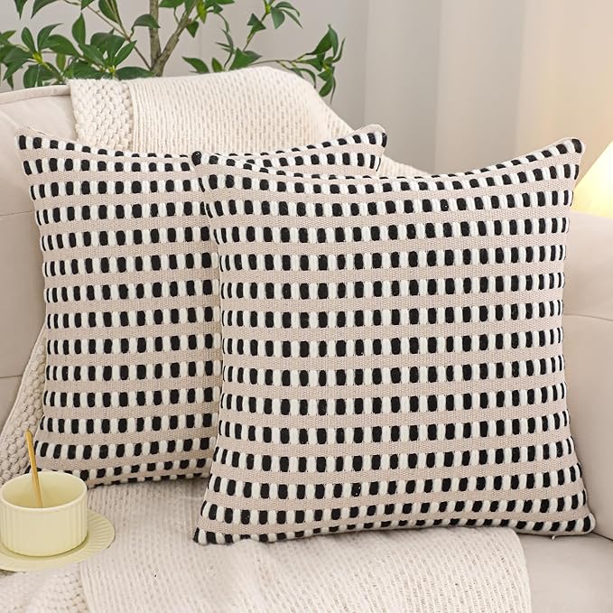 Tosleo Black and White Pillow Covers 18x18 Set of 2 Boho Throw Pillow Covers Stripe Tufted Decor Pillow Cases Accent Chenille Pillowcases Farmhouse Cushion Case Bohemian Nuetral Textured Pillow Cover