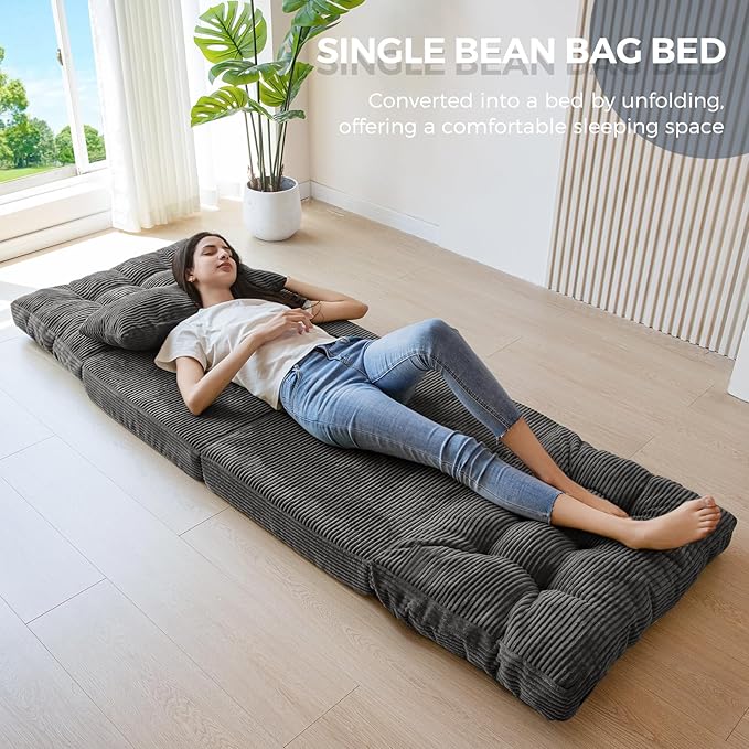 MAXYOYO Folding Sofa Bed, Tufted Bean Bag Bed with Pillows Floor Mattress for Adults, Extra Thick and Long Floor Sofa, Single Couch for Bedroom Living Room, Dark Grey, 30x91 Inch