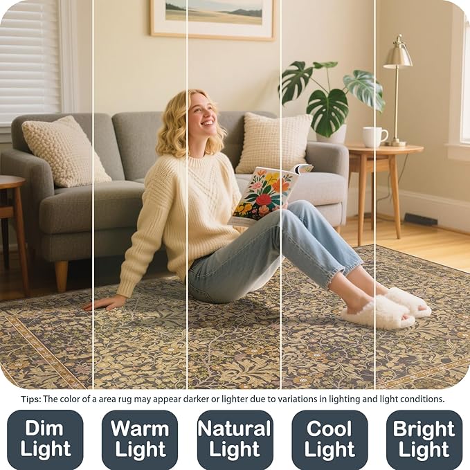 5x7 Washable Area Rugs for Living Room, Stain Resistant Vintage Rugs for Dining Room Under Kitchen Table, Bedroom, Floral Low Pile Non-Slip Large Carpet (5 x 7 Goldenrod)