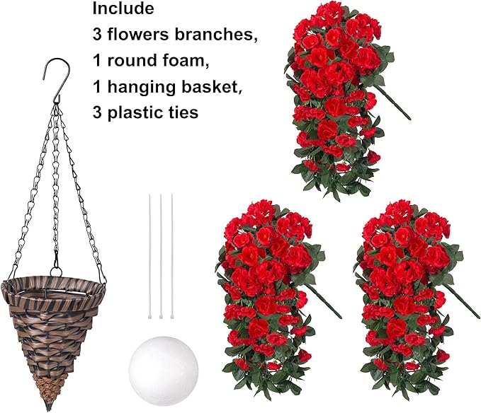 Artificial Geraniums Fake Hanging Flowers Plants Basket for Outdoors Spring Summer Outdoor Decor, 3PCS Faux Silk Geraniums Vines in Planter Realistic UV Resistant for Outside Balcony Patio Porch Home