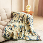 Boho Throw Blanket for Couch 100% Cotton Soft Birds and Floral Double Embroidery Breathable Spring Throw Blankets,50"x60" All Season Reversible Throws for Sofa Chair Livingroom Home Decor