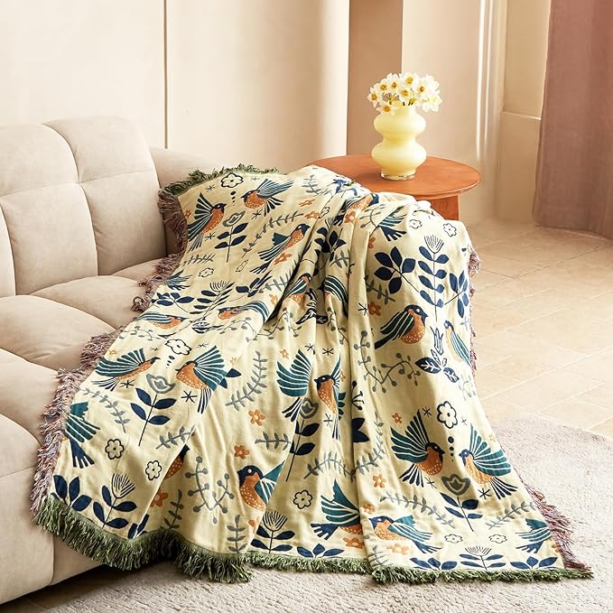 Boho Throw Blanket for Couch 100% Cotton Soft Birds and Floral Double Embroidery Breathable Spring Throw Blankets,50"x60" All Season Reversible Throws for Sofa Chair Livingroom Home Decor