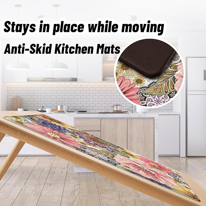 Boho Floral Kitchen Mats for Floor 2PCS Anti Fatigue Mats for Kitchen Floor Cushioned Non Slip Waterproof Memory Foam PVC Kitchen Rugs Set for Sink,Office,Laundry 17.3"x28"+17.3"x47"