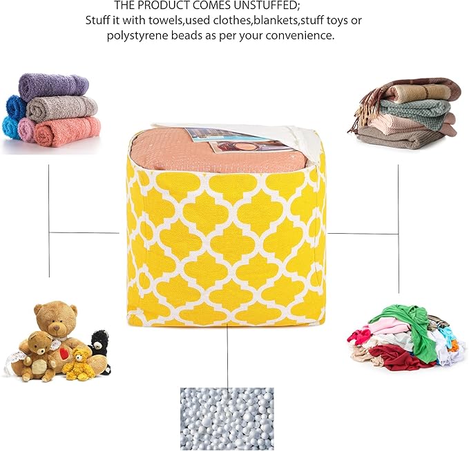 REDEARTH · UNSTUFFED Pouf Ottoman Cover Textured Storage Cube Boho Bean Bag Footrest Stool for Living Room, Bedroom,Nursery, Farmhouse, Kidsroom, Patio, Gym; 100% Cotton (18X18X18; Mustard)