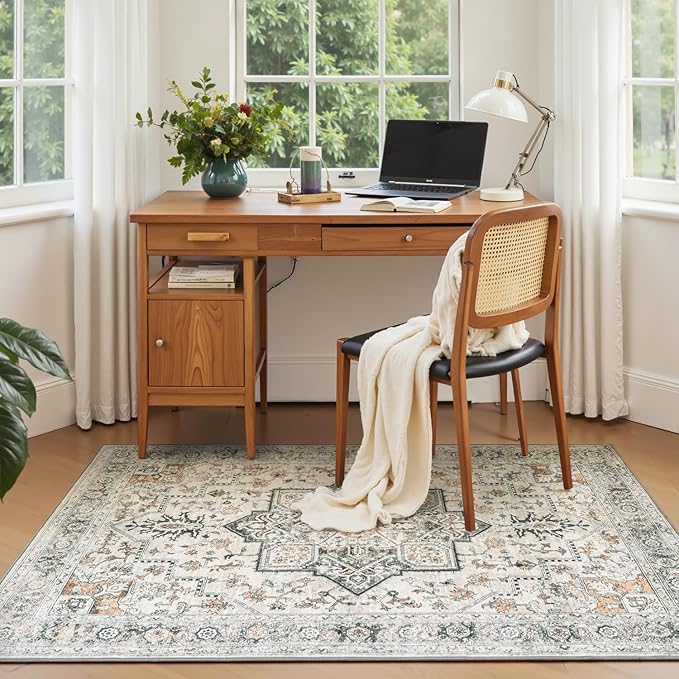 Lessymo 3x5 Washable Area Rugs for Living Room Bedroom Ktichen, Soft Boho Indoor Rug Non Slip, Vintage Carpet Low Pile for Dorm Office Dining Room Kids Room Hallway Entryway Bedside, Grey/Brown