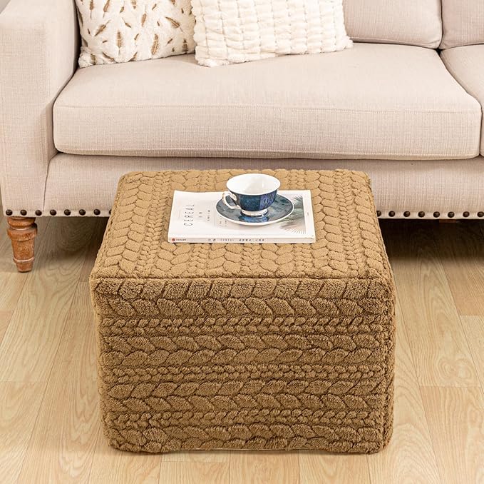 20x20x14 Inches Fluffy Square Pouf Ottoman - Plush Furry Boneless Ottoman Foot Rest Stool with High-Density Foam, Versatile Floor Seating for Living Room (Coffee)