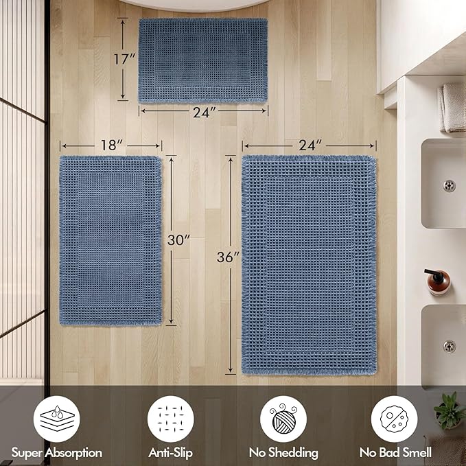 MIULEE Set of 2 Waffle Bathroom Rugs, Boho Bath Rug Super Absorbent, Non Slip Washable Ultra Soft Rubber Backed Shower Bath Mats for Floor, Tub, Shower, Bordered Design, Blue, 18x30 Inch