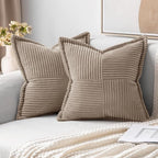 MIULEE Decorative Throw Pillow Covers for Couch Bed Livingroom 18x18 Inch Set of 2 Light Brown Boho Accent Throw Pllows Broadside Striped Patchwork Soft Corduroy Pillowcases