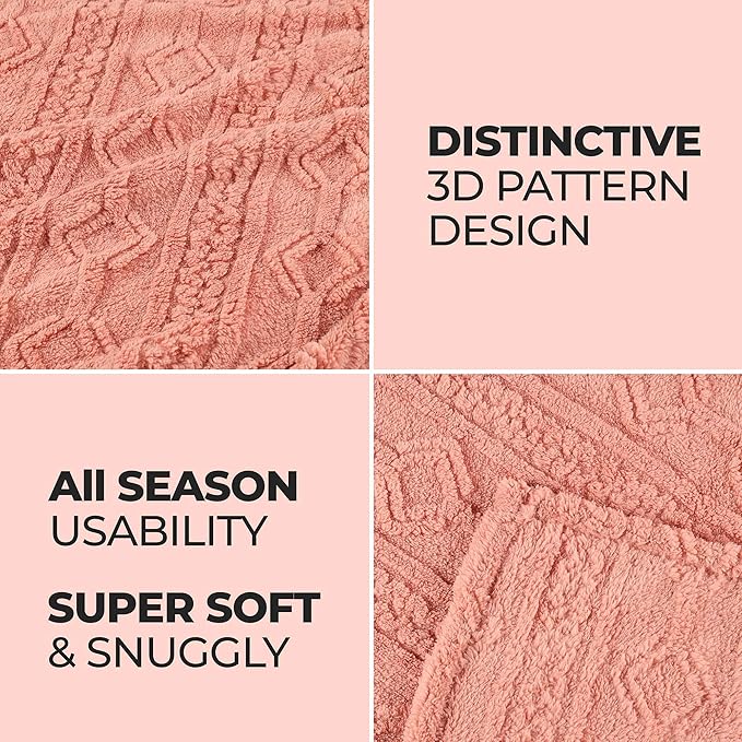 Superior Fleece Boho Jacquard Blanket, Decorative Blankets for Bedroom, Sofa, Fuzzy, Plush, Fluffy, Soft, Cute Room Decor, Beautiful Cover, Comfort Essentials, Arctic Collection, Full/Queen, Blush