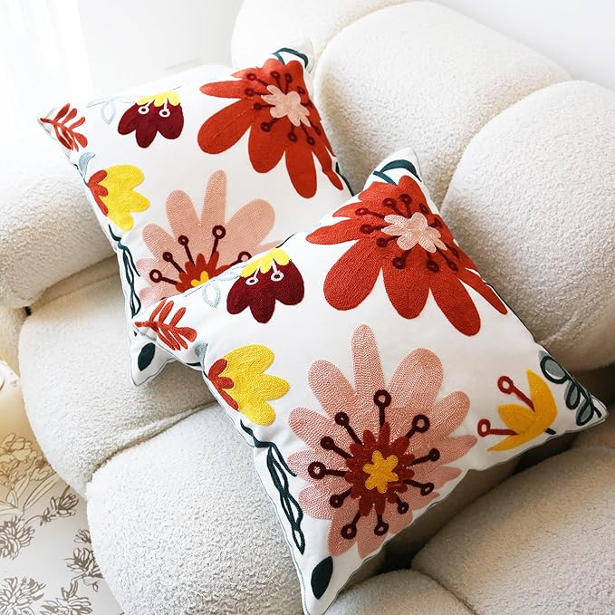 Embroidered Throw Pillow Cover Boho Floral Pillow Covers for Couch Sofa 3D Big Flowers Bohemian Pillow Covers Red Blush Yellow Botanical Leaves 2PCS Pillowcase Covers 18x18 Inch