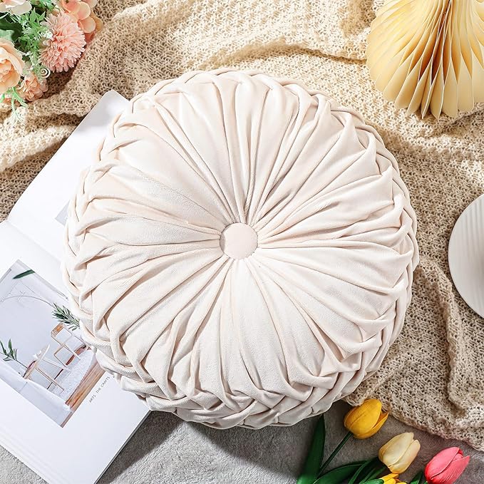Round Throw Pillows Decorative Pleated Throw Pillows 15'' Diameter Accent Pumpkin Boho Chair Cushion for Couch Sofa Home Decoration(Beige,1 Pcs)