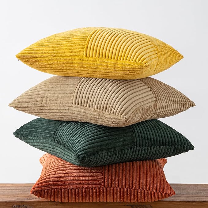 MIULEE Green Rust Throw Pillow Covers 18x18 Inch Set of 4 Boho Farmhouse Soft Corduroy Striped Cushion Cases Decorative Color-Clash Home Decor for Couch Sofa Living Room Bed