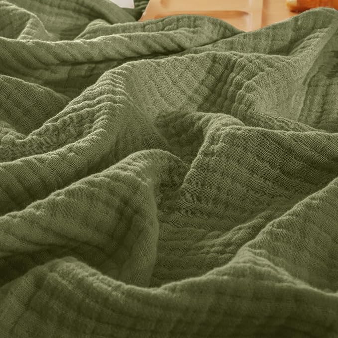 PHF 100% Cotton Muslin Throw XL Blanket Large 50" x 70", 4-Layer Lightweight Gauze Throw, Breathable Cloud-Soft Minimalist Blanket for Bed, Couch, Camping & Baby, Olive Green, Ideal Gift
