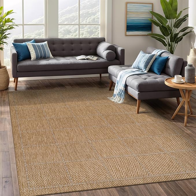 Beverly Rug Easy Jute Checkered Squared Rug 4x6 Washable Durable Indoor Outdoor Area Rugs for Living Dining Room Patio Office Stain Resistant Non Shedding Casual Indoor Outside Carpet 4 x 6 Natural