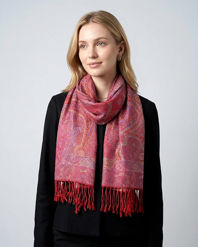 Achillea Reversible Paisley Pashmina Rave Scarf – Exotic Indian Shawls and Wraps for Evening Dresses, Festivals, All Seasons