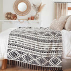CASAAGUSTO Boho Throw Blanket - Black and White Decorative Blankets with Tassel, Printed Flannel Bohemian Blanket for Chair, Bed, Sofa, Couch(50 * 60, Black and White)