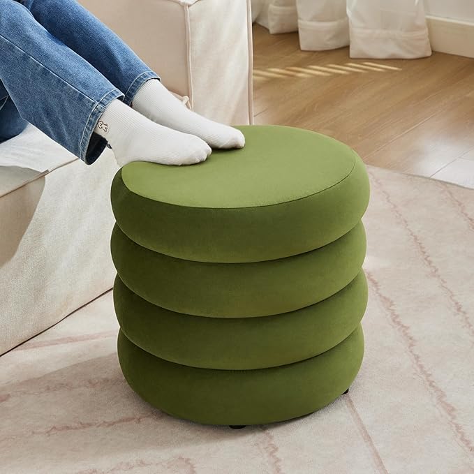 Flouki 19.5" Storage Ottoman Round, Vanity Stools for Bedroom, Velvet Pouf Ottoman with Removable Lid, Modern Ottomam Stool for Girls Women, Foot Stool for Living Room, Green