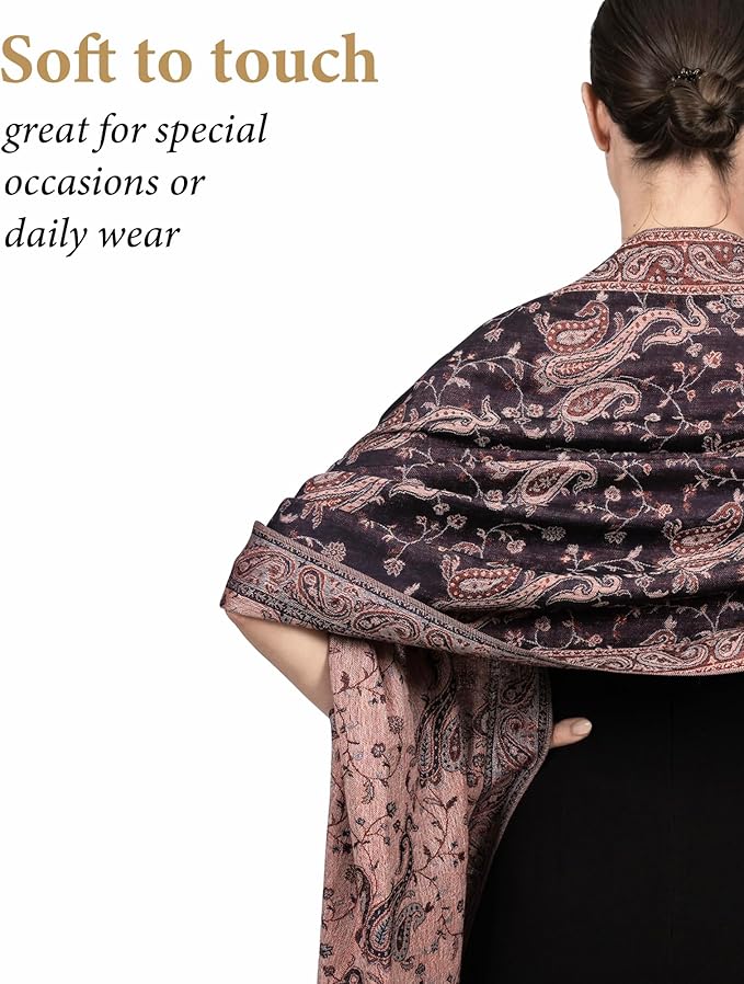 Achillea Reversible Paisley Pashmina Rave Scarf – Exotic Indian Shawls and Wraps for Evening Dresses, Festivals, All Seasons
